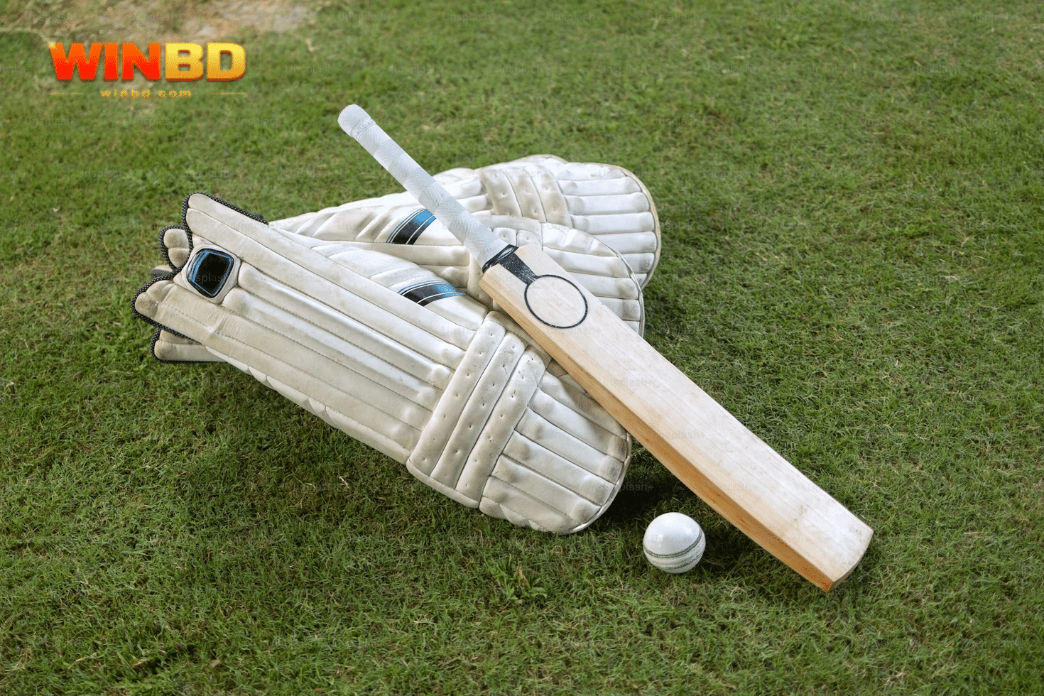 a cricket gloves and a ball on grass